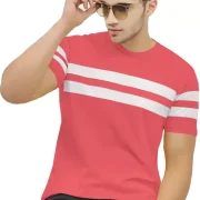 Men Striped Round Neck Cotton Blend Pink, White T-Shirt