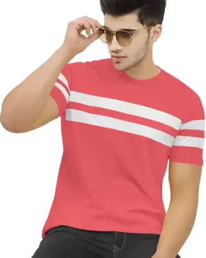 Men Striped Round Neck Cotton Blend Pink, White T-Shirt