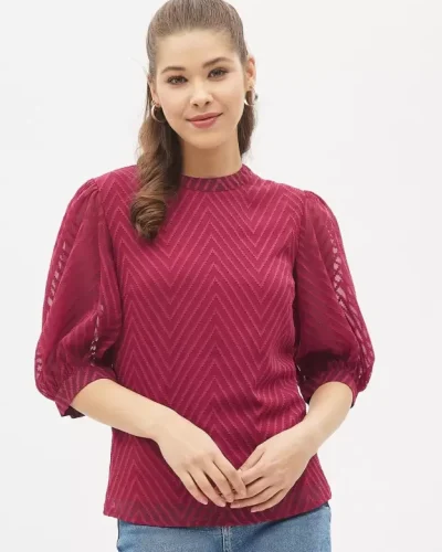 Casual Puff Sleeves Self Design Women Top