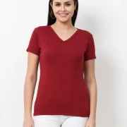 Women Solid V Neck Pure Cotton T-Shirt