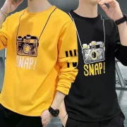 Pack of 2 Men Printed Round Neck Cotton Blend Yellow, Black T-Shirt