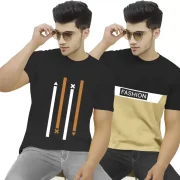 Pack of 2 Men Printed Round Neck Cotton Blend Black, Orange T-Shirt