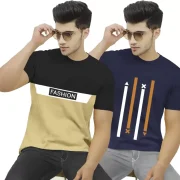 Pack of 2 Men Printed Round Neck Cotton Blend Black, Orange T-Shirt