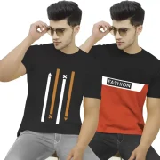 Pack of 2 Men Printed Round Neck Cotton Blend Black, Orange T-Shirt