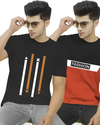 Pack of 2 Men Printed Round Neck Cotton Blend Black, Orange T-Shirt