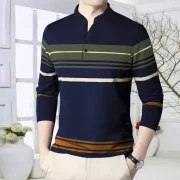 Men Striped Mandarin Collar Cotton Blend Multicolor T-Shirt