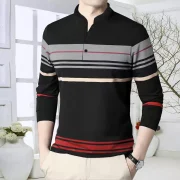 Men Striped Mandarin Collar Cotton Blend Multicolor T-Shirt