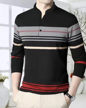 Men Striped Mandarin Collar Cotton Blend Multicolor T-Shirt